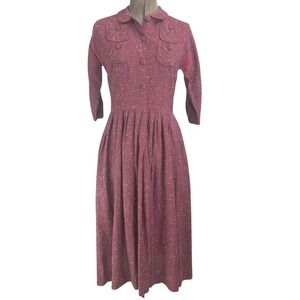 Vintage Womens (S) 40s Day Dress Burgundy Slubbed Cotton Pleated Rockabilly-Flaw